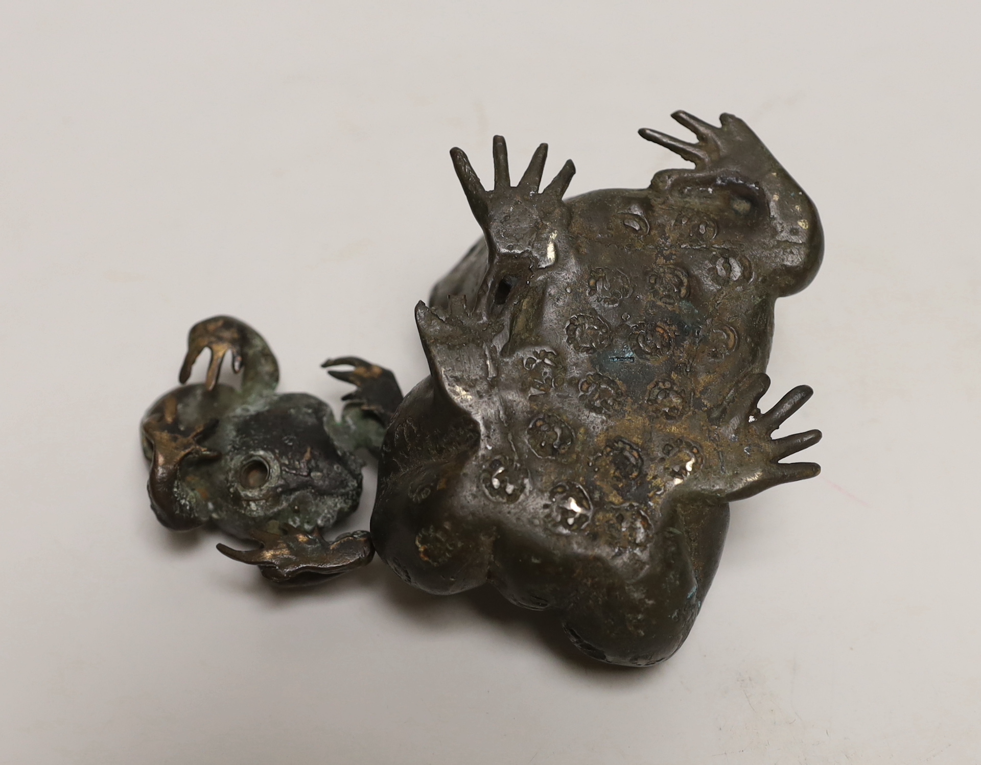 A Chinese bronze toad and another, largest 9.5cm long